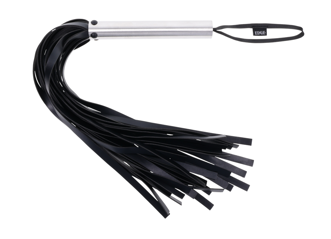 Edge Flogger with 30 black faux leather falls, stainless steel handle, and wrist loop for precision impact play