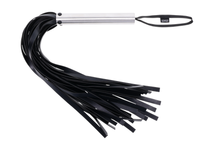 Edge Flogger with 30 black faux leather falls, stainless steel handle, and wrist loop for precision impact play