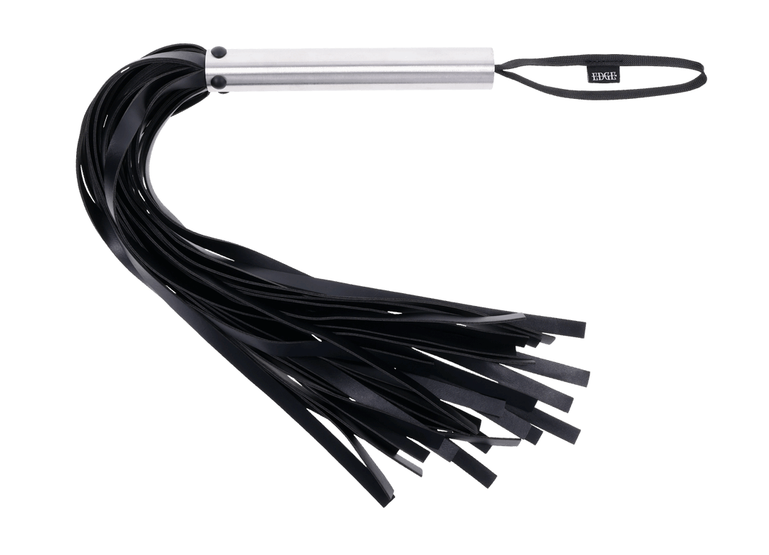 Edge Flogger with 30 black faux leather falls, stainless steel handle, and wrist loop for precision impact play