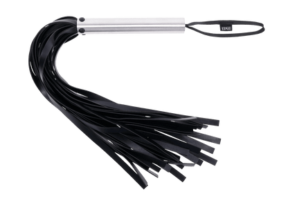 Edge Flogger with 30 black faux leather falls, stainless steel handle, and wrist loop for precision impact play