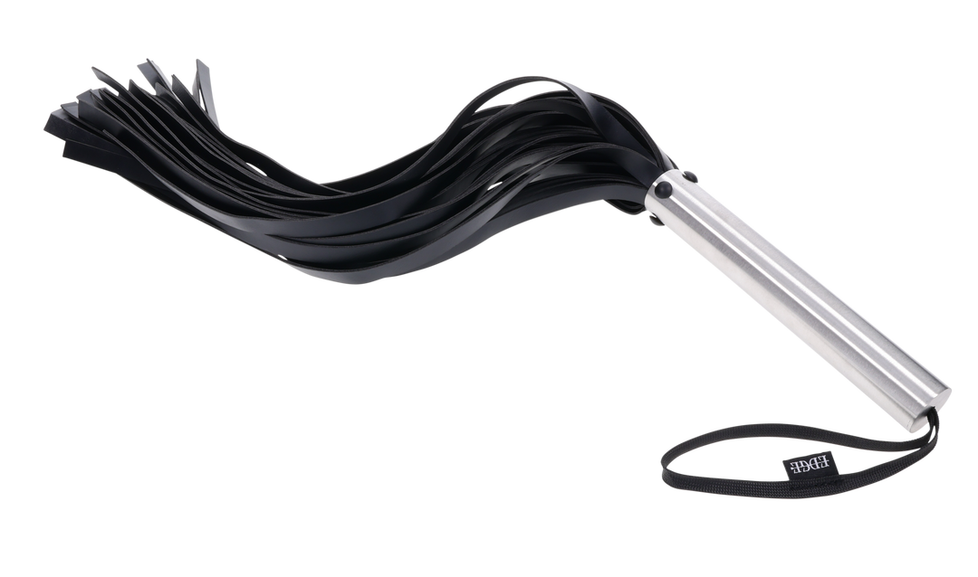 Edge Flogger with 30 black faux leather falls, stainless steel handle, and wrist loop for precision impact play