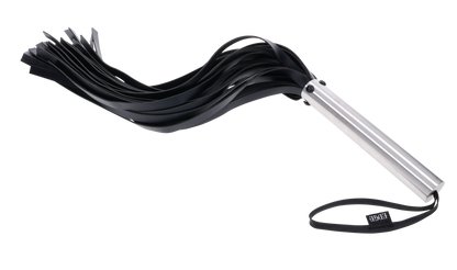 Edge Flogger with 30 black faux leather falls, stainless steel handle, and wrist loop for precision impact play