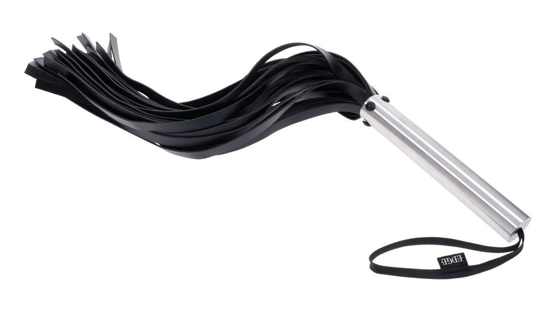 Edge Flogger with 30 black faux leather falls, stainless steel handle, and wrist loop for precision impact play