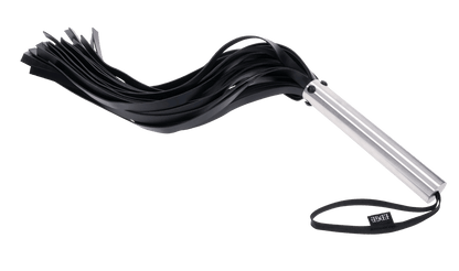 Edge Flogger with 30 black faux leather falls, stainless steel handle, and wrist loop for precision impact play