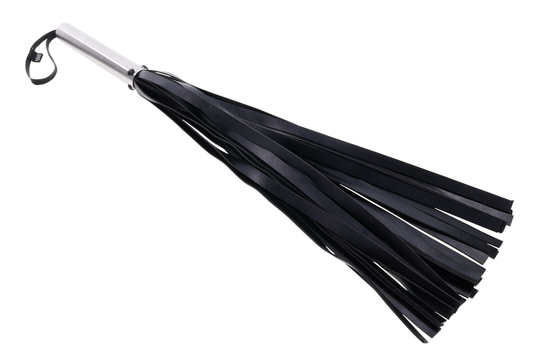 Edge Flogger with 30 black faux leather falls, stainless steel handle, and wrist loop for precision impact play