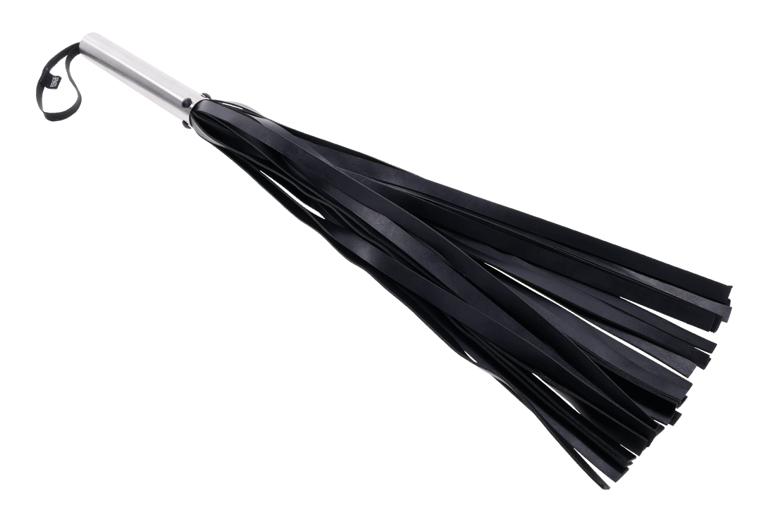 Edge Flogger with 30 black faux leather falls, stainless steel handle, and wrist loop for precision impact play