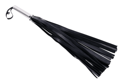 Edge Flogger with 30 black faux leather falls, stainless steel handle, and wrist loop for precision impact play