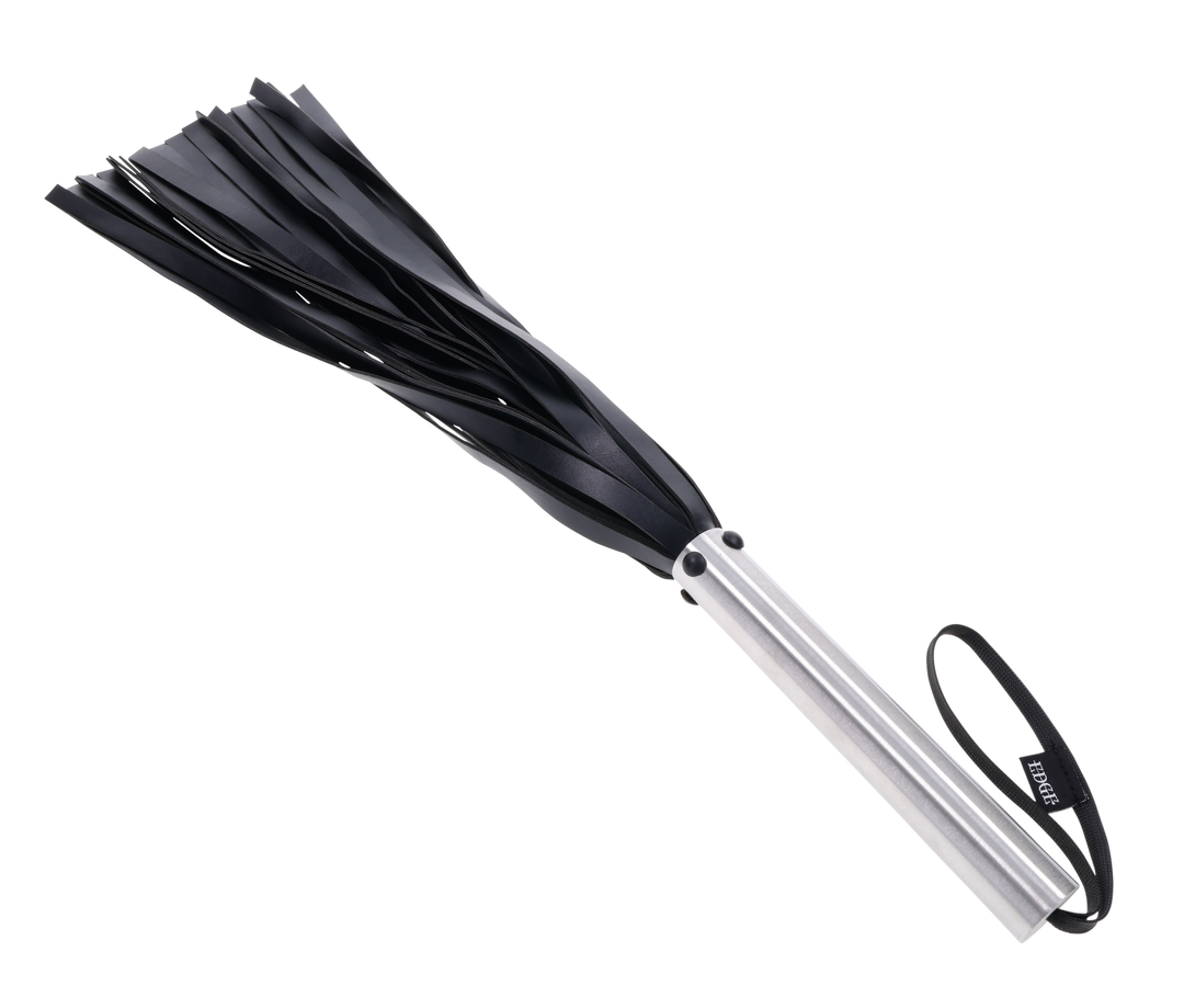 Edge Flogger with 30 black faux leather falls, stainless steel handle, and wrist loop for precision impact play