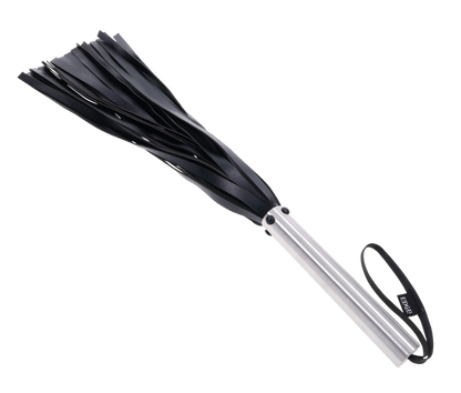 Edge Flogger with 30 black faux leather falls, stainless steel handle, and wrist loop for precision impact play