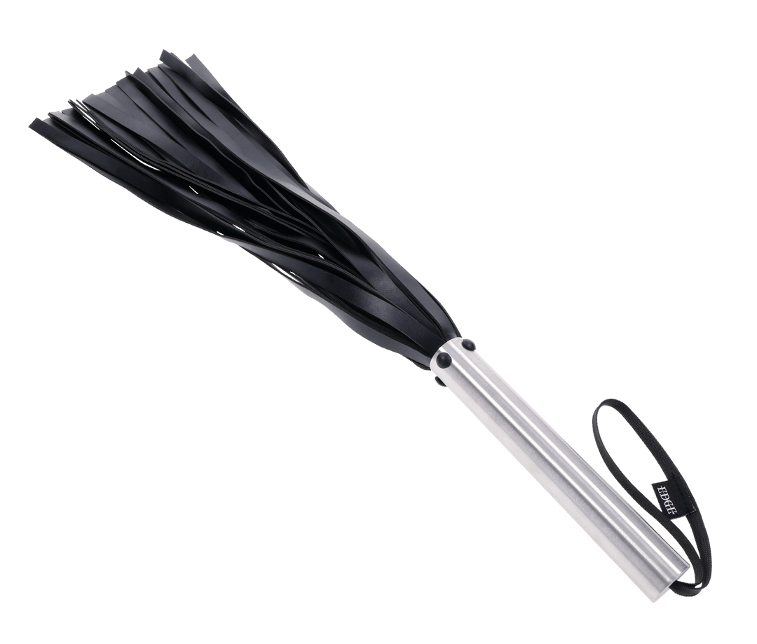 Edge Flogger with 30 black faux leather falls, stainless steel handle, and wrist loop for precision impact play