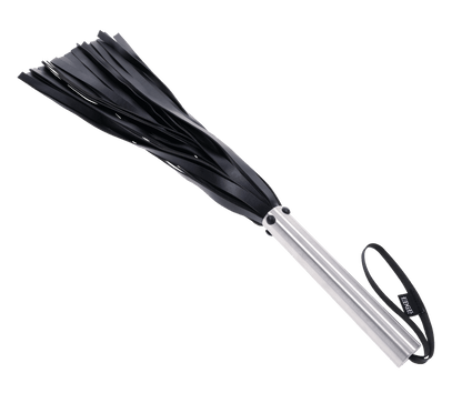 Edge Flogger with 30 black faux leather falls, stainless steel handle, and wrist loop for precision impact play