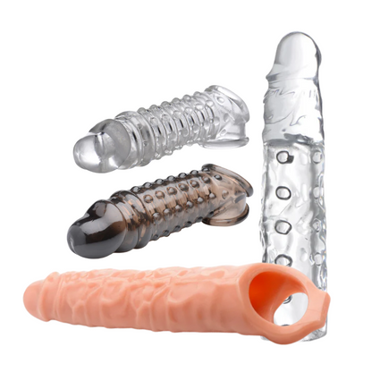 Penis enhancer sleeve collection adds length, girth, and stimulation with textured designs and phthalate-free TPR material.

