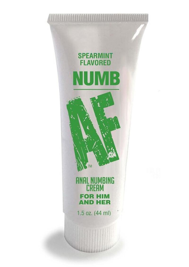 Tube of Spearmint Flavored NUMB AF Anal Numbing Cream in a 1.5 oz (44 ml) size. The packaging features bold blue text with "NUMB AF" prominently displayed, along with "Anal Numbing Cream For All" beneath it. The flavor is listed at the top, and the tube has a simple, clean design, emphasizing its numbing function and flavor.
