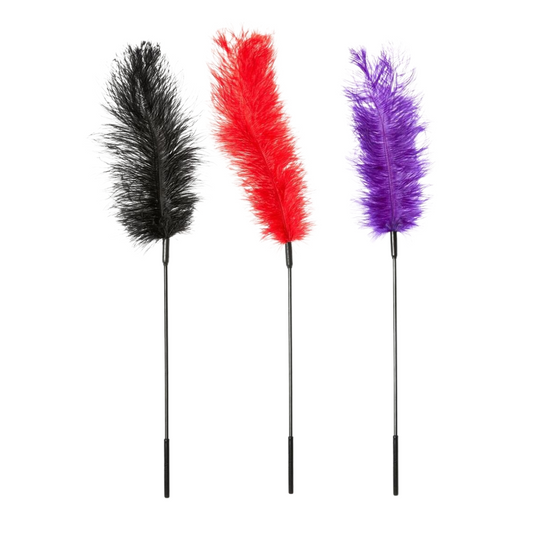 Luxurious ostrich feather tickler with a 16-inch wand. Perfect for foreplay, roleplay, and intimate teasing. Comes in red, black, or purple.