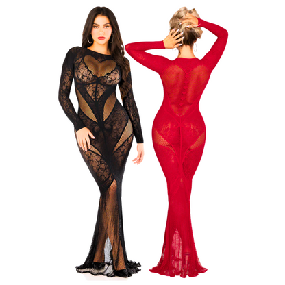 A sleek and elegant long-sleeve lace and net gown with a heart-shaped keyhole detail in the front and back, available in red and black.

