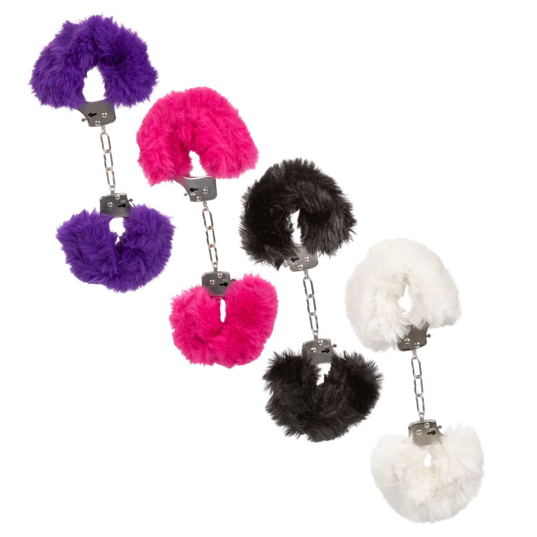 Plush faux fur-lined metal handcuffs with adjustable sizing, safety latch, and lock keys for versatile bondage play.