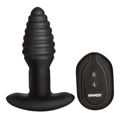 Vibrating and Rimming Butt Plug: Body-safe silicone plug with ribbed texture, remote control, 3 speeds, 4 patterns, and rechargeable design.