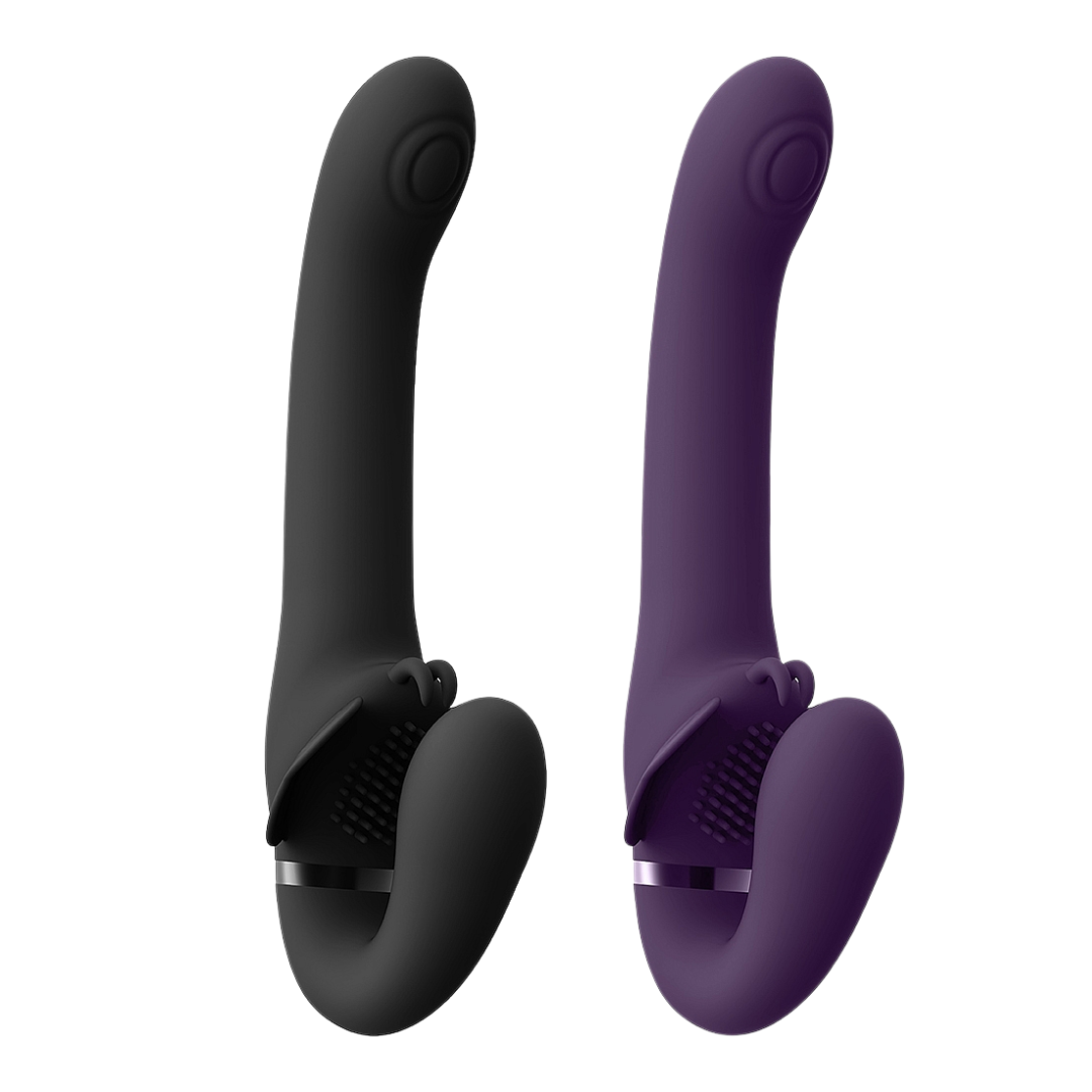 Image of the SATU strapless strap-on in black, featuring a sleek design, three motors for clitoral, G-spot, and partner stimulation, and a USB magnetic charger.

