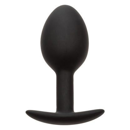 A sleek, black weighted silicone plug with a tapered bulbous design, an ergonomic flared base, and discreet packaging that highlights its 0.57 oz weighted tip and premium body-safe material.