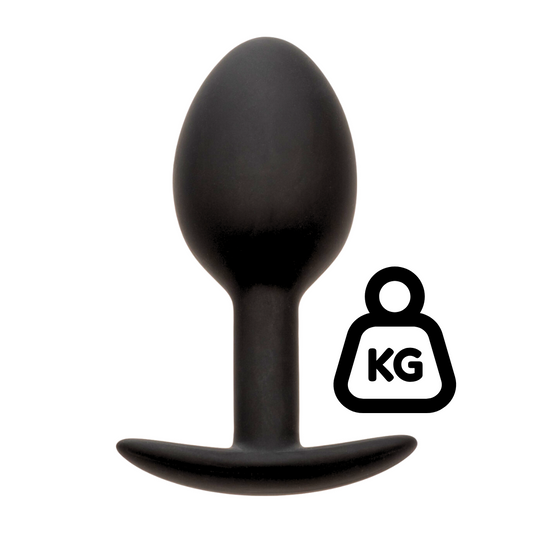 A sleek, black weighted silicone plug with a tapered bulbous design, an ergonomic flared base, and discreet packaging that highlights its 0.57 oz weighted tip and premium body-safe material.