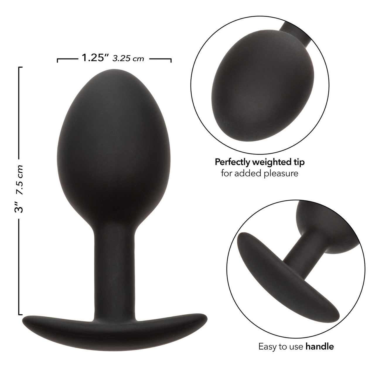 Close-up of the Weighted Silicone Plug, highlighting its dimensions (3 inches/7.5 cm in length and 1.25 inches/3.25 cm in width), perfectly weighted tip for added pleasure, and easy-to-use handle for comfortable insertion and removal.