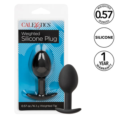 A sleek, black weighted silicone plug with a tapered bulbous design, an ergonomic flared base, and discreet packaging that highlights its 0.57 oz weighted tip and premium body-safe material.