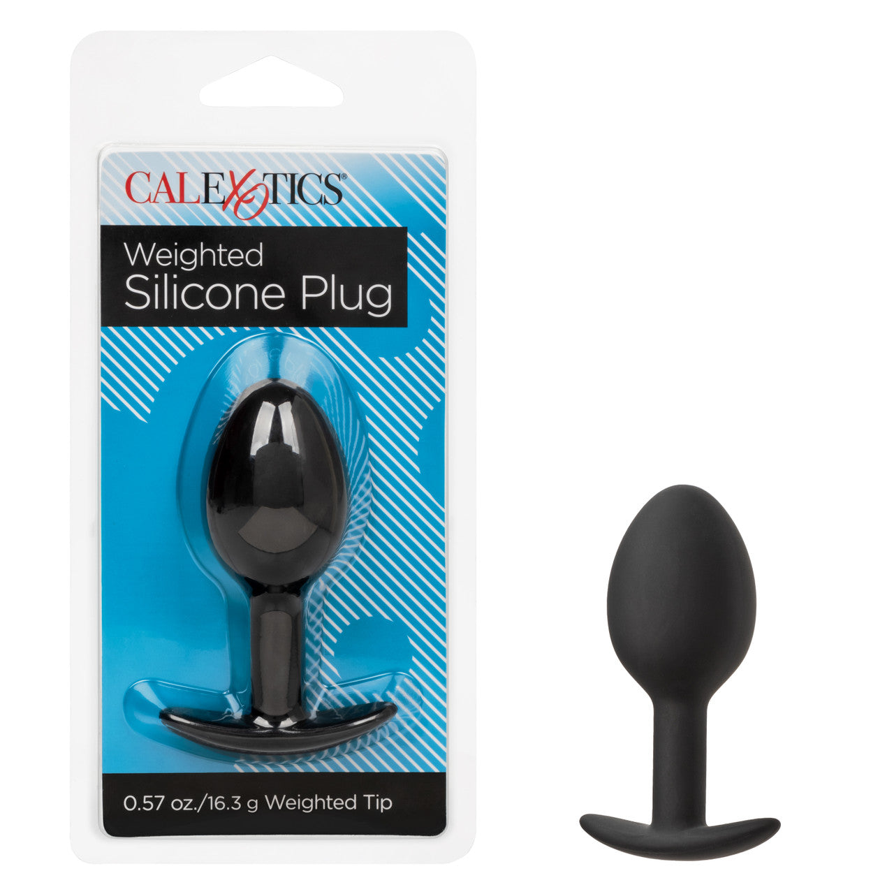 A sleek, black weighted silicone plug with a tapered bulbous design, an ergonomic flared base, and discreet packaging that highlights its 0.57 oz weighted tip and premium body-safe material.