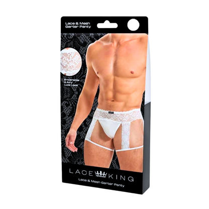 Men’s lace and mesh garter panty available in black and white, featuring adjustable straps, a wide lace waistband, and a bold, open-back design.

