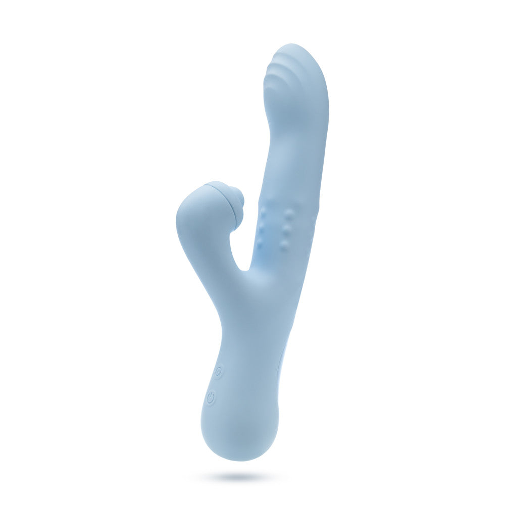 Blue dual-stimulation rabbit vibrator with sliding beads, come-hither motion, and clitoral massaging ball for waterproof play.

Keywords: rabbit vibrator, Devin vibrator, G-spot vibrator, clitoral stimulation, dual-stimulation, sliding beads vibrator, come-hither motion, waterproof vibrator, USB rechargeable, soft silicone, body-safe, 9.25-inch vibrator, massaging beads, clitoral thumper