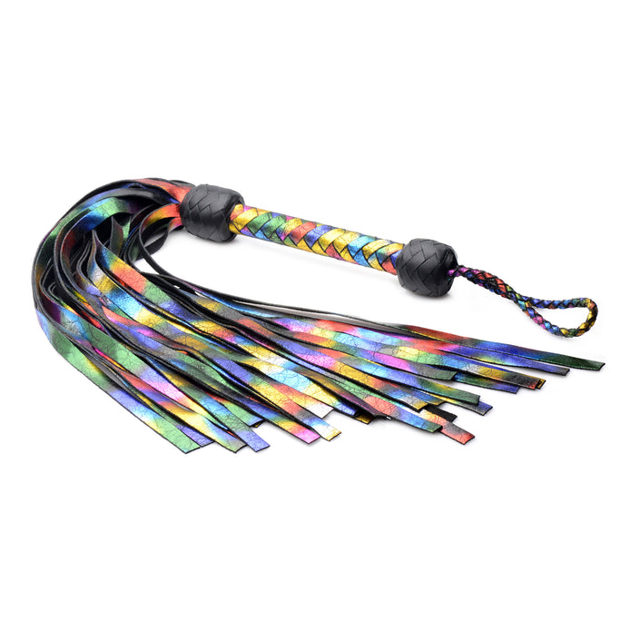 A vibrant rainbow leather flogger with black accents, featuring soft multi-colored falls and a braided leather handle for stylish and effective impact play.

