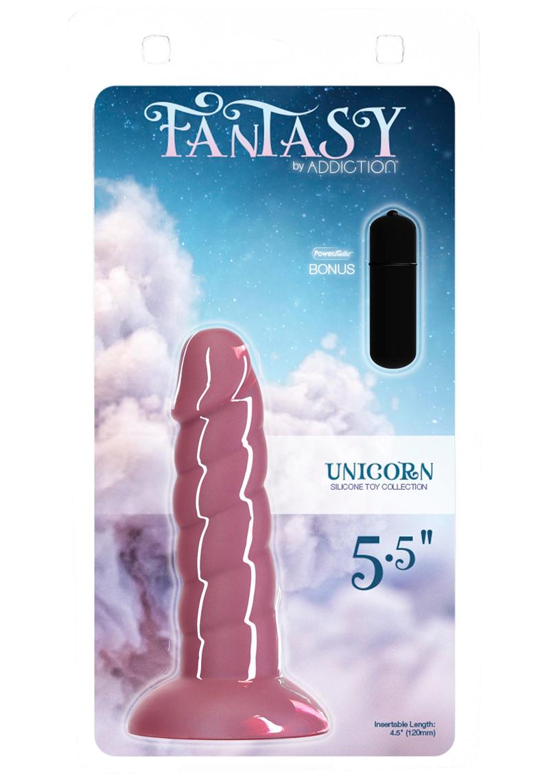 Addiction Fantasy Unicorn Silicone Dildo - Pink - 5.5in Addiction Fantasy dildos in pink, blue, and purple hues, each with ribbed textures, suction bases, and harness compatibility. Keywords: Addiction Fantasy dildo set, pink silicone dildo, blue ribbed dong, purple textured dildo, suction cup dildos, harness-compatible dildos, ribbed silicone dildos, beginner-friendly dildo set, premium silicone dildos, 3-piece dildo collection.