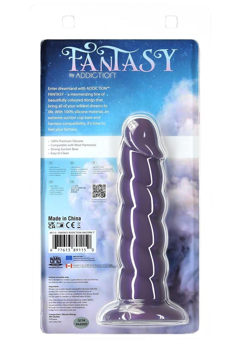 Addiction Fantasy Unicorn Silicone Dildo - Purple - 7in Addiction Fantasy dildos in pink, blue, and purple hues, each with ribbed textures, suction bases, and harness compatibility. Keywords: Addiction Fantasy dildo set, pink silicone dildo, blue ribbed dong, purple textured dildo, suction cup dildos, harness-compatible dildos, ribbed silicone dildos, beginner-friendly dildo set, premium silicone dildos, 3-piece dildo collection.