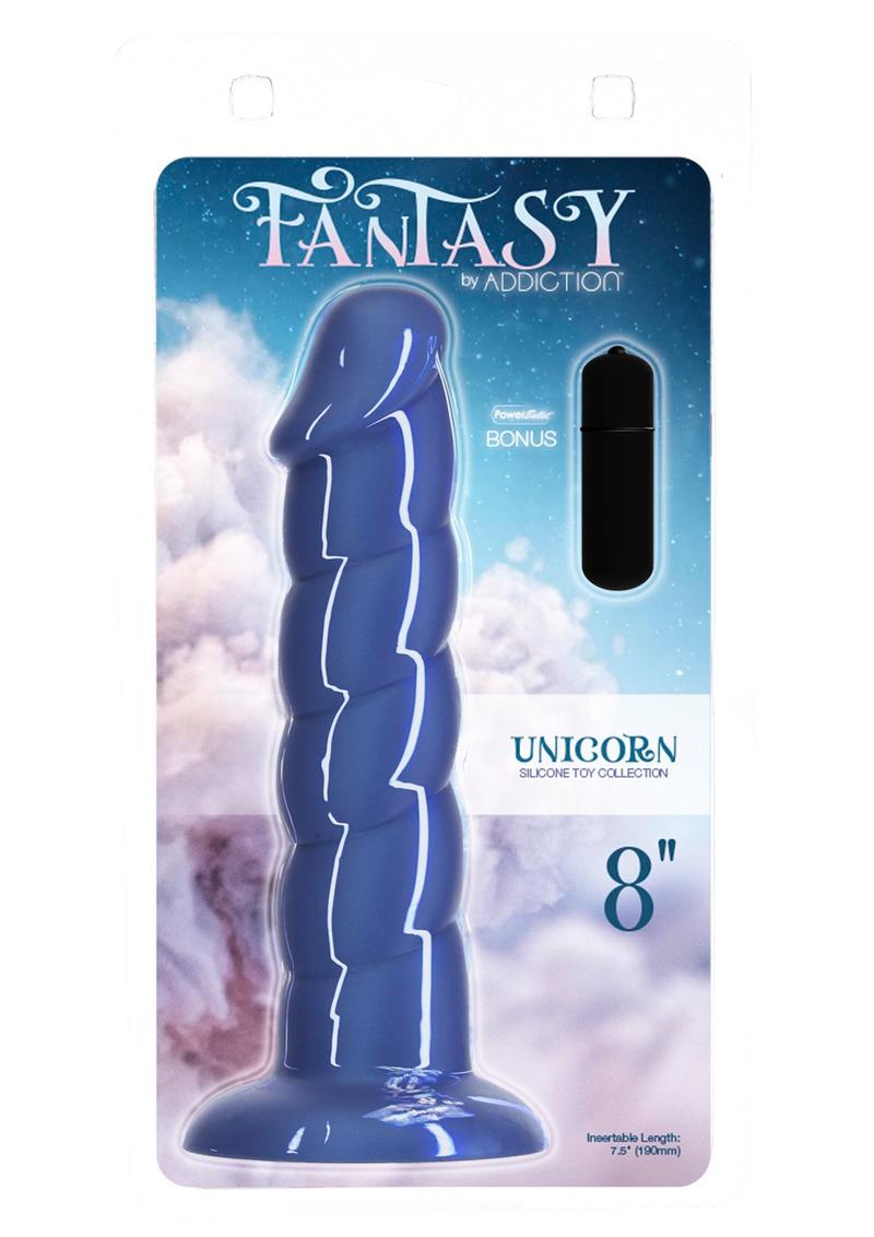 Addiction Fantasy Unicorn Silicone Dildo - Blue - 8in Addiction Fantasy dildos in pink, blue, and purple hues, each with ribbed textures, suction bases, and harness compatibility. Keywords: Addiction Fantasy dildo set, pink silicone dildo, blue ribbed dong, purple textured dildo, suction cup dildos, harness-compatible dildos, ribbed silicone dildos, beginner-friendly dildo set, premium silicone dildos, 3-piece dildo collection.