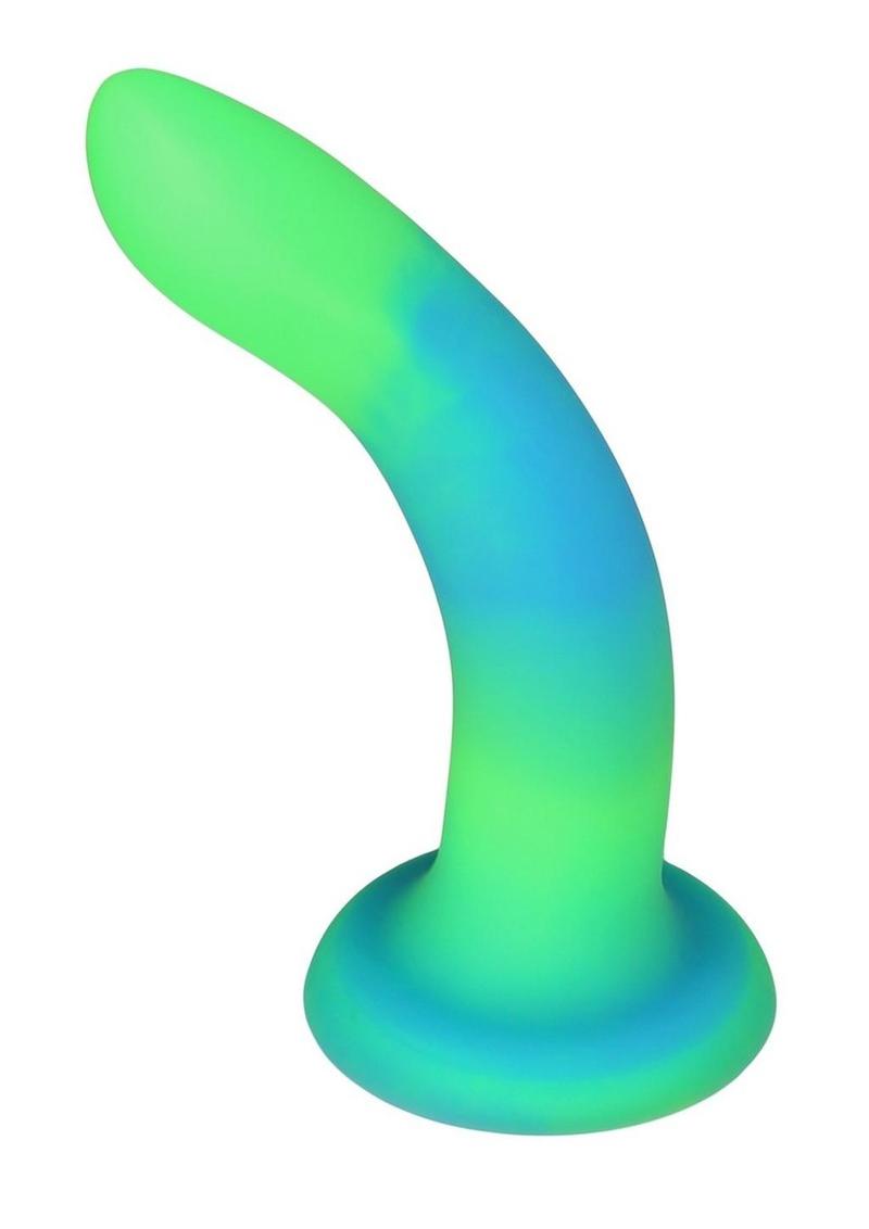 Addiction Rave Silicone Glow In The Dark Dildo - Blue/Glow In The Dark/Green - 8in Glow-in-the-dark silicone dildos in vibrant blue, pink, and green colors with a bendable design and strong suction base. Keywords: glow-in-the-dark dildo, bendable silicone dong, vibrant sex toys, strong suction base dildo, harness-compatible toys, premium silicone dildos, rave-themed adult toys, colorful sex toys, party-themed dildos, bonus PowerBullet included.