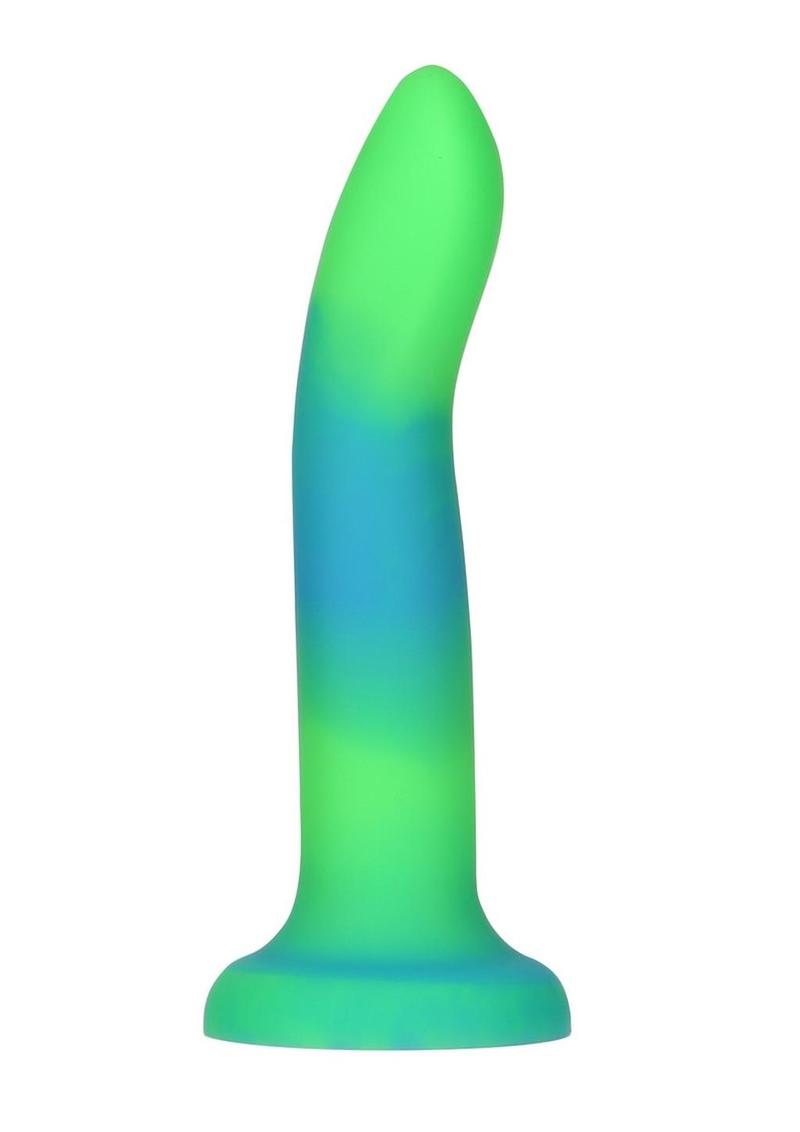 Addiction Rave Silicone Glow In The Dark Dildo - Blue/Glow In The Dark/Green - 8in Glow-in-the-dark silicone dildos in vibrant blue, pink, and green colors with a bendable design and strong suction base. Keywords: glow-in-the-dark dildo, bendable silicone dong, vibrant sex toys, strong suction base dildo, harness-compatible toys, premium silicone dildos, rave-themed adult toys, colorful sex toys, party-themed dildos, bonus PowerBullet included.