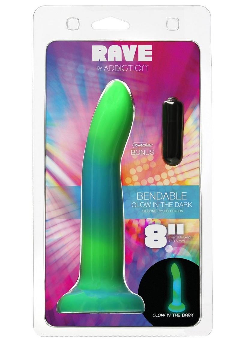 Glow-in-the-dark silicone dildos in vibrant blue, pink, and green colors with a bendable design and strong suction base. Keywords: glow-in-the-dark dildo, bendable silicone dong, vibrant sex toys, strong suction base dildo, harness-compatible toys, premium silicone dildos, rave-themed adult toys, colorful sex toys, party-themed dildos, bonus PowerBullet included.