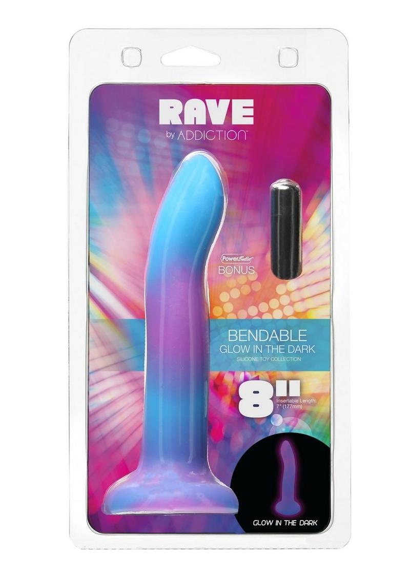 Addiction Rave Silicone Glow In The Dark Dildo - Blue/Glow In The Dark/Purple - 8in Glow-in-the-dark silicone dildos in vibrant blue, pink, and green colors with a bendable design and strong suction base. Keywords: glow-in-the-dark dildo, bendable silicone dong, vibrant sex toys, strong suction base dildo, harness-compatible toys, premium silicone dildos, rave-themed adult toys, colorful sex toys, party-themed dildos, bonus PowerBullet included.