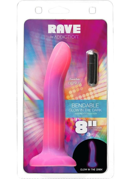 Addiction Rave Silicone Glow In The Dark Dildo - Glow In The Dark/Pink/Purple - 8in Glow-in-the-dark silicone dildos in vibrant blue, pink, and green colors with a bendable design and strong suction base. Keywords: glow-in-the-dark dildo, bendable silicone dong, vibrant sex toys, strong suction base dildo, harness-compatible toys, premium silicone dildos, rave-themed adult toys, colorful sex toys, party-themed dildos, bonus PowerBullet included.