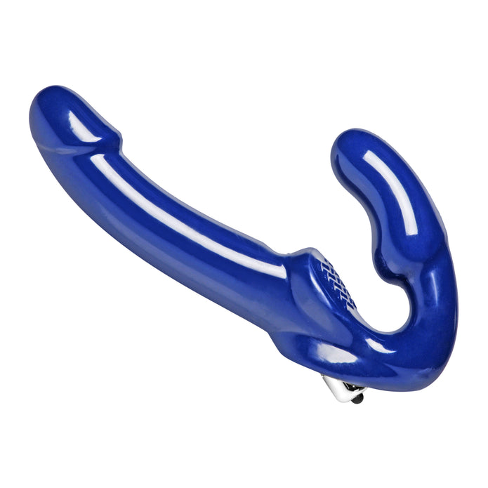 Blue strap-free vibrating strap-on with curved shaft, textured clitoral pad, and waterproof design for simultaneous partner stimulation.

