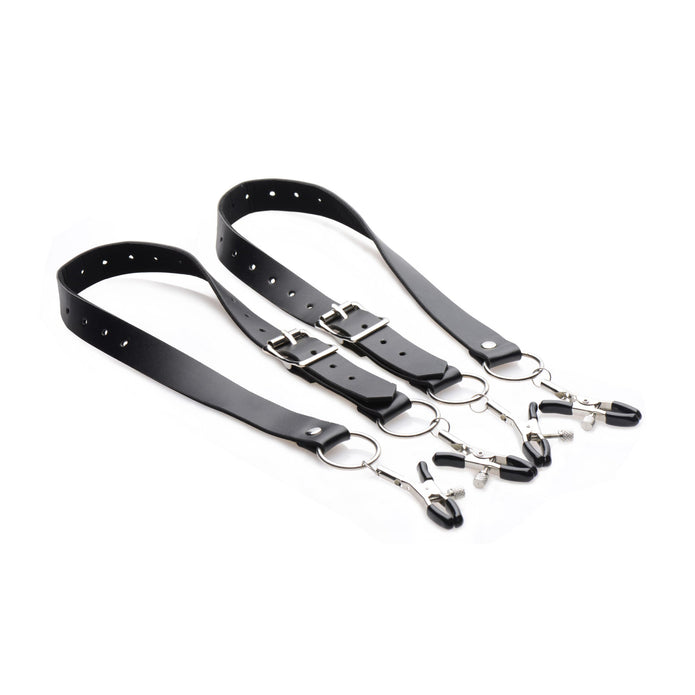 Master Series Spread Labia Spreader Straps with adjustable PU leather straps, rubber-tipped clamps, and customizable pressure for BDSM play.