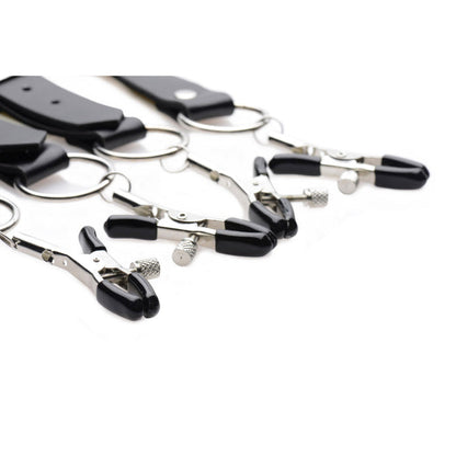 Master Series Spread Labia Spreader Straps with adjustable PU leather straps, rubber-tipped clamps, and customizable pressure for BDSM play.