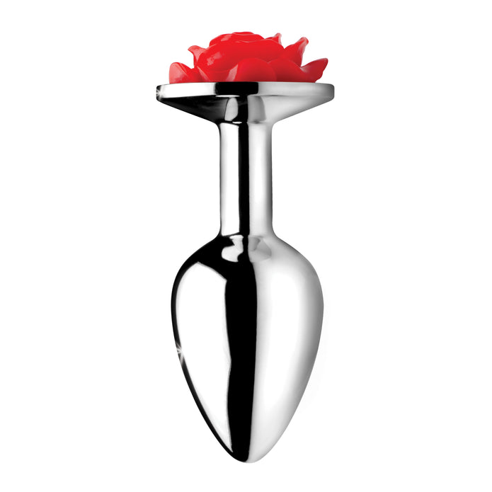 Red rose anal plug in nickel-free aluminum, available in Small or Medium sizes. Smooth, tapered, and temperature-sensitive for stylish and safe play.

