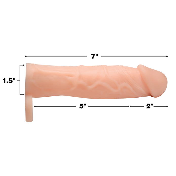 Size Matters Penis Extender Sleeve Silicone - Flesh/Vanilla - 2in  Vanilla silicone penis extender with 2-inch extension, lifelike veins, and scrotum ring for enhanced length, girth, and secure stimulation.

silicone penis extension, Size Matters penis extender, 2-inch penis sleeve, realistic penis extension, lifelike veins extension, girth and length enhancer, scrotum ring extender, vanilla penis enhancer, phthalate-free silicone sleeve, waterproof penis extender