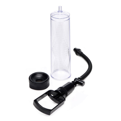 Clear vacuum penis pump with a trigger handle, air-release valve, measurement markings, and a silicone sleeve for performance enhancement.

