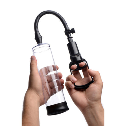 Clear vacuum penis pump with a trigger handle, air-release valve, measurement markings, and a silicone sleeve for performance enhancement.

