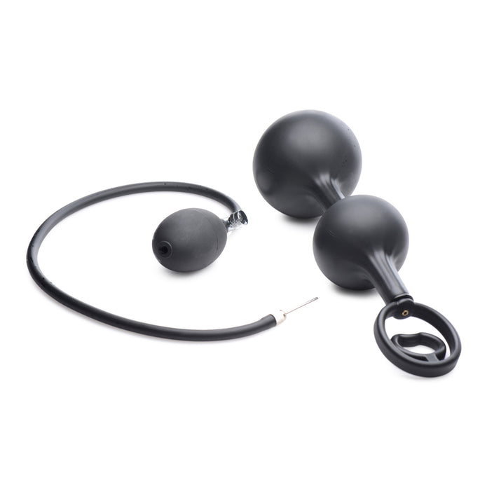 Black inflatable silicone anal plug with attached cock and ball ring, featuring rattling balls, a hand pump, and silky smooth, body-safe silicone material.
inflatable anal plug with cock ring, silicone anal plug with rattling balls, adjustable anal plug, cock and ball ring combo toy, anal and erection enhancer, phthalate-free anal plug, customizable inflatable anal toy, black silicone anal toy.