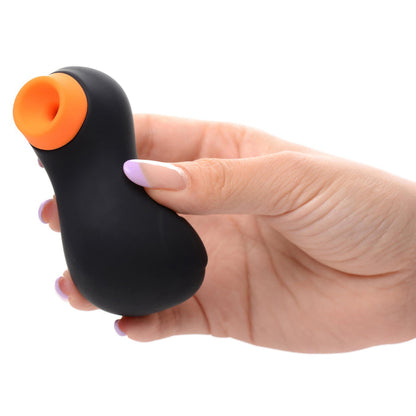 Compact clit stimulator shaped like a duck, available in Black, Pink, or Yellow, featuring 7 suction intensities, premium silicone material, and waterproof design.
Sucky Ducky, clit stimulator, waterproof clitoral toy, rechargeable clit sucker, 7 suction intensities, premium silicone vibrator, playful clit stimulator, bath-safe vibrator, novelty sex toy, Shegasm clit toy.