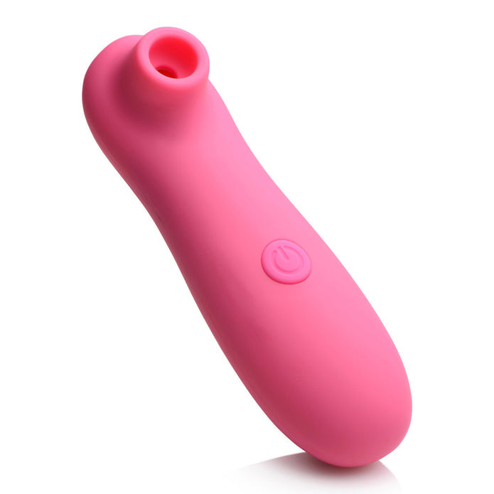 Pink compact clit-sucking toy with 10 suction settings, ergonomic design, velvety silicone finish, and battery-operated functionality.

