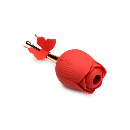 Red rose vibrator with suction, vibrating golden stem, and butterfly teaser for clitoral and pinpoint stimulation.

