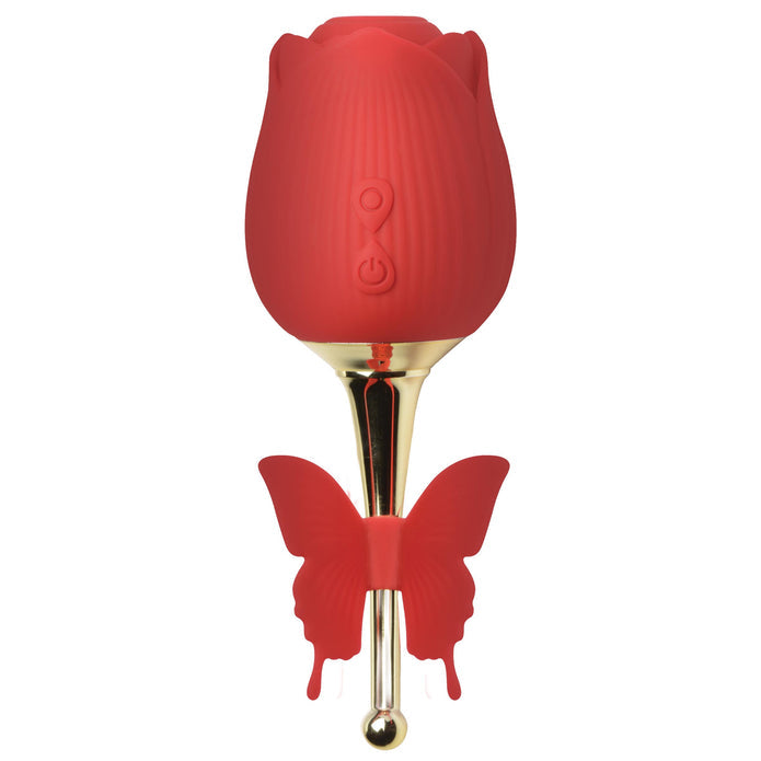 Red rose vibrator with suction, vibrating golden stem, and butterfly teaser for clitoral and pinpoint stimulation.

